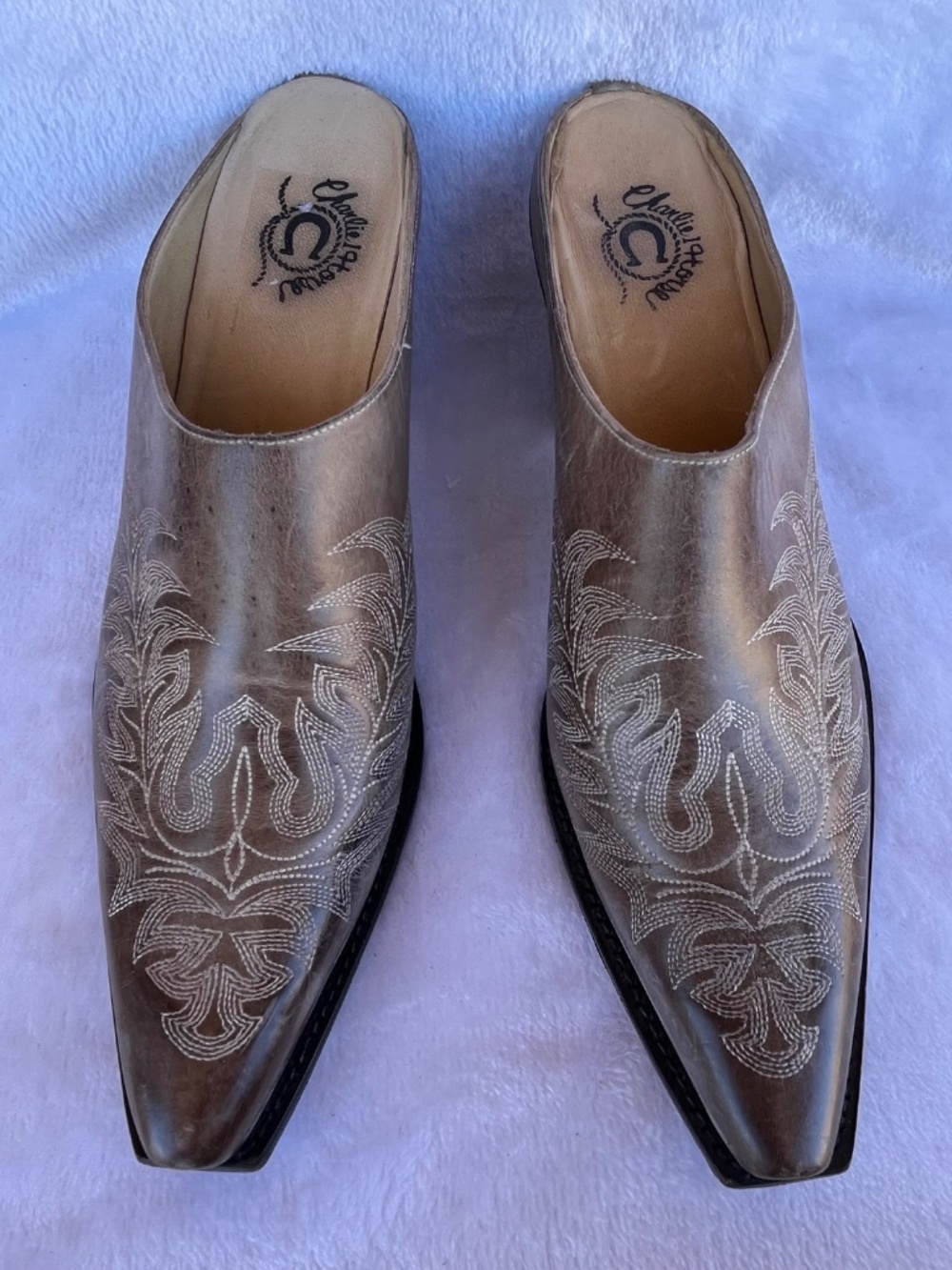 Charlie 1 Horse Western Mules Embroidered Square Toe Cowgirl Country Sz 10B Tan